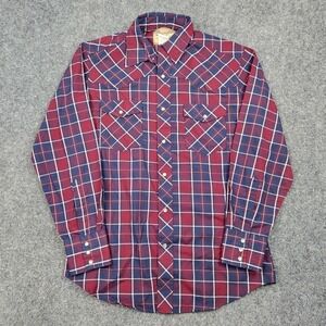 Wrangler Western Shirt Mens Medium Red Blue Plaid Pearl Snap Cowboy‎ Rodeo